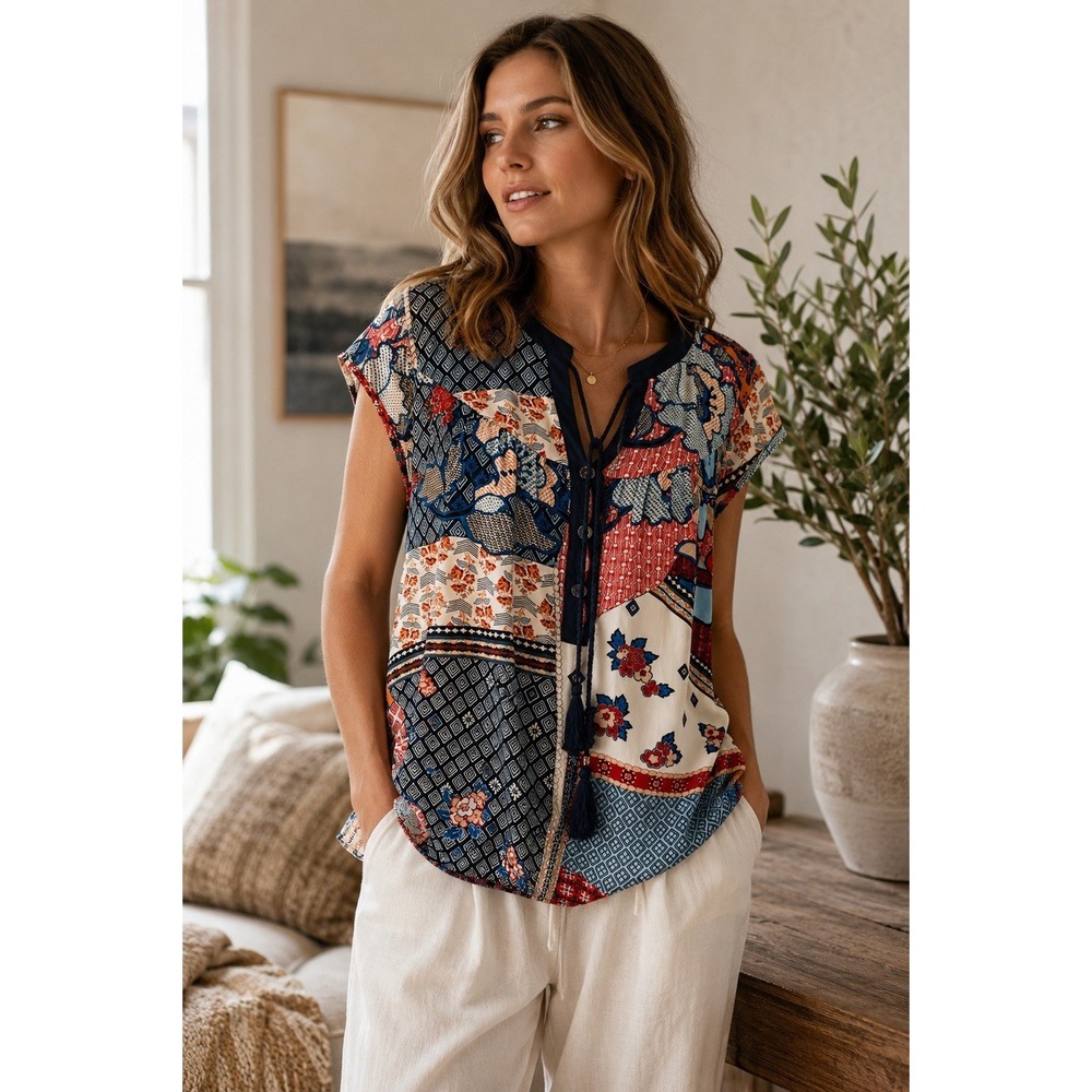 DR2 Patchwork Print Peasant‎ Blouse Women Medium Boho Tassel Tie Short Sleeve